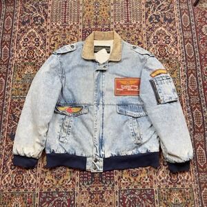 VTG 70s 80s Dual Control Acid Wash Denim Bomber Jacket L Flight Patches Airborne